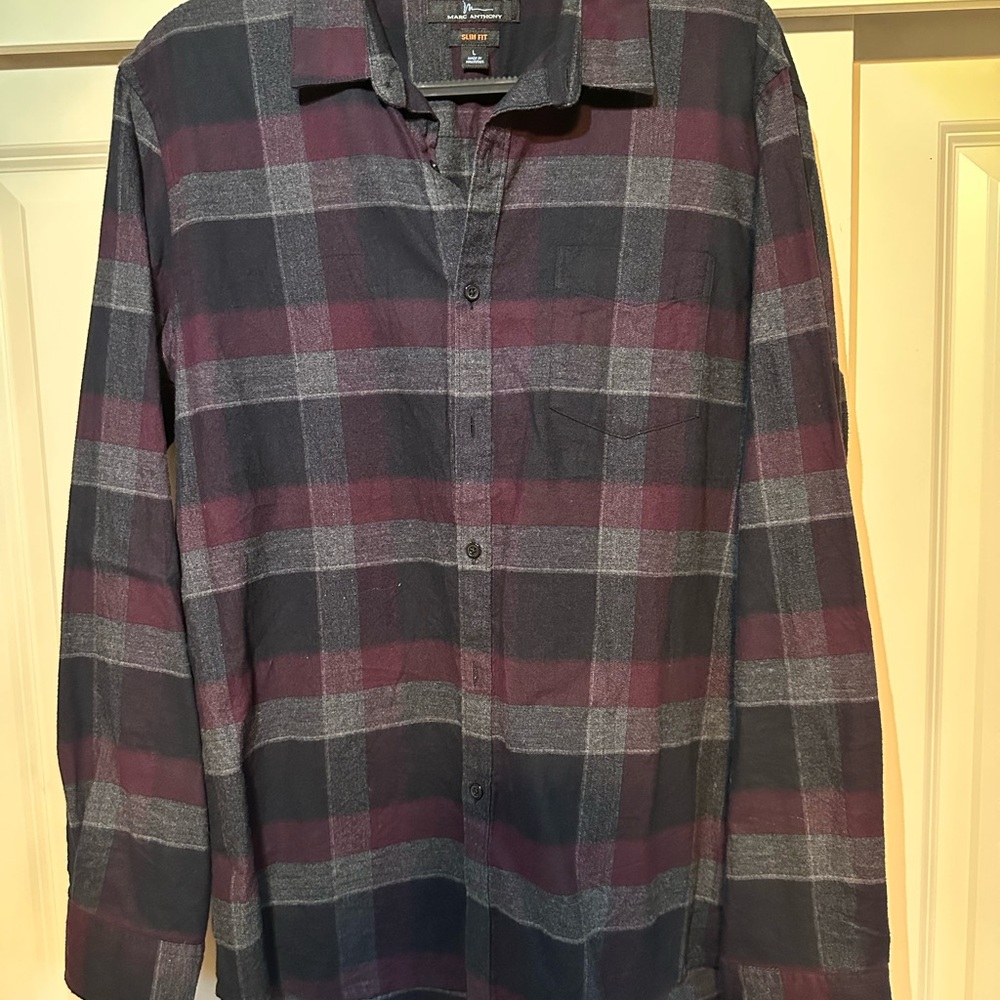 Marc Anthony Men's Plaid Shirt - Black and Burgundy